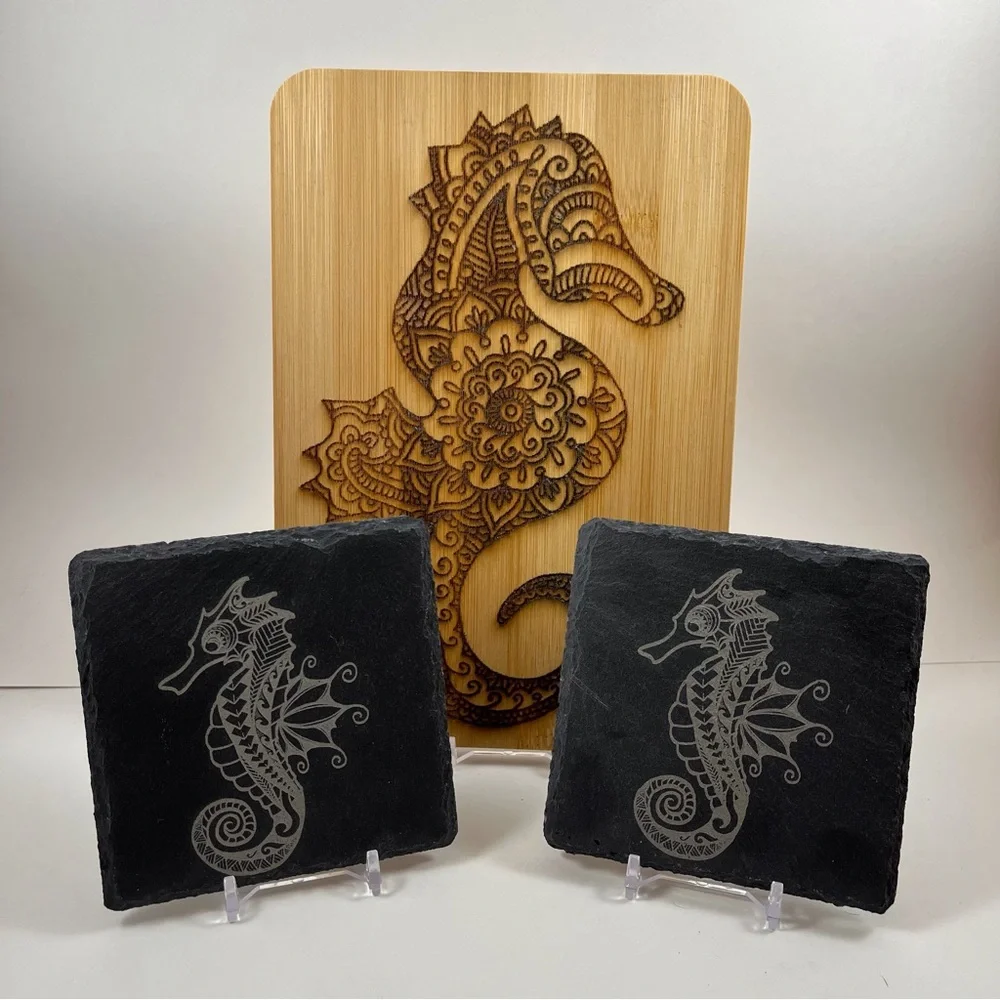 Handmade, Laser Engraved Seahorse Bamboo Serving Board plus 2 Slate Coasters